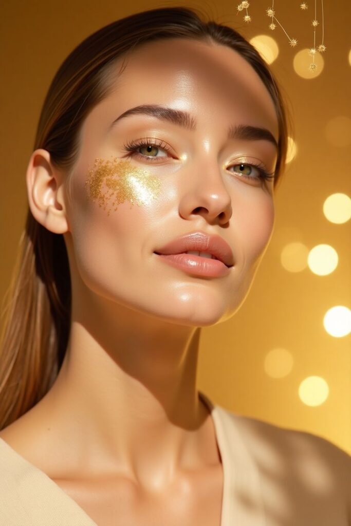 Glowing skin with gold highlighter makeup on a woman's face.