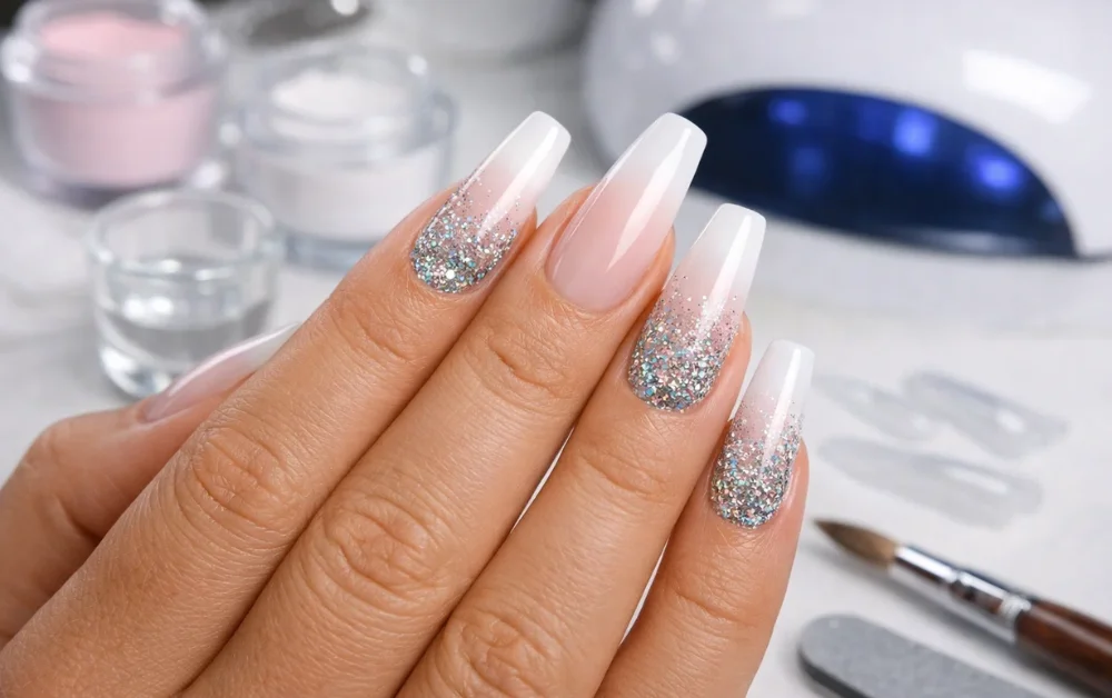 Glossy ombré coffin nails with silver glitter tips on a manicured hand.