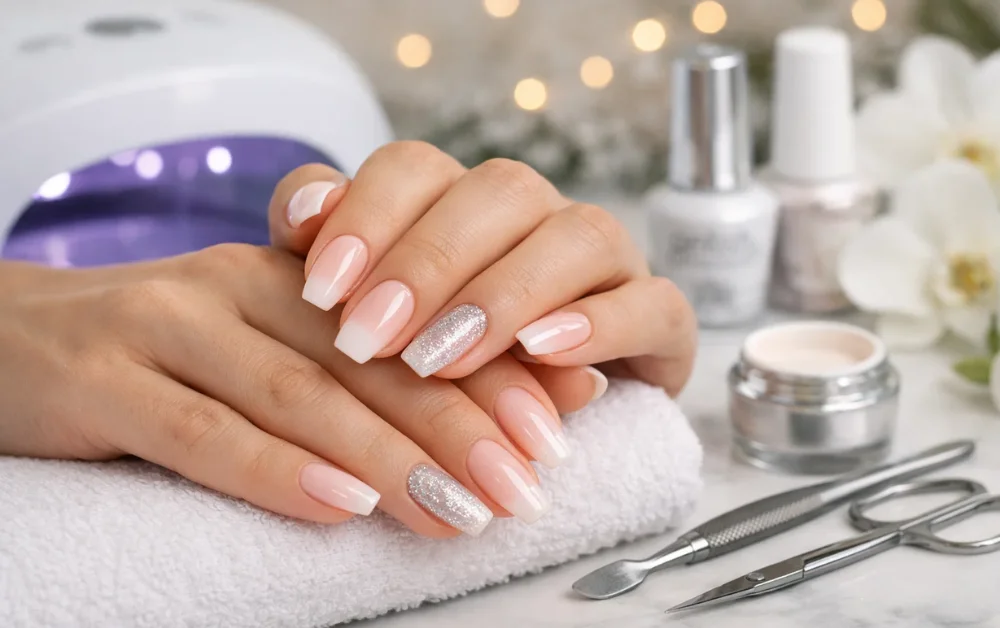 Elegant nude and glitter manicure on well-groomed hands